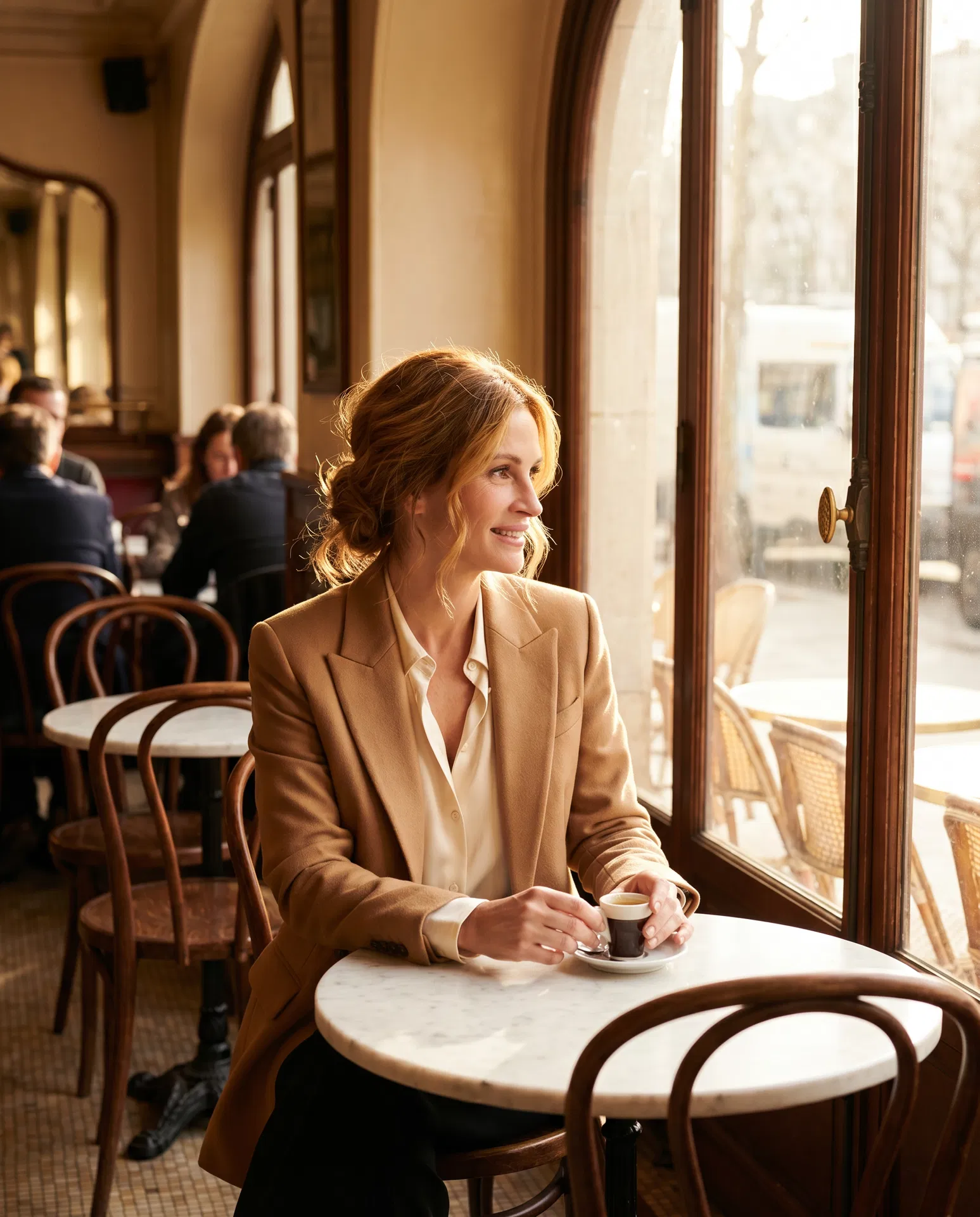 Chameau — Hair Topper model, warm golden-brown hair topper in Parisian brasserie