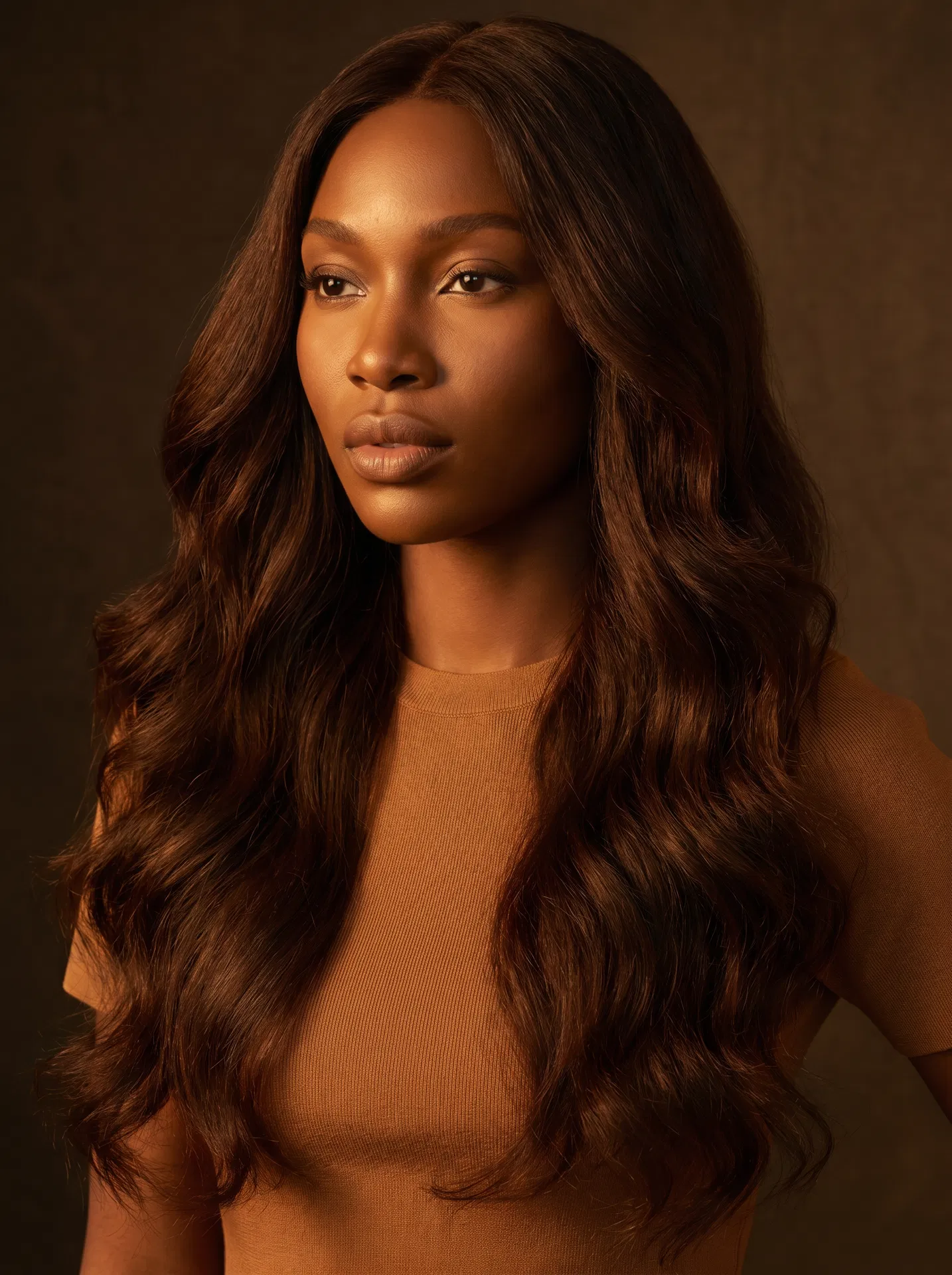 Boisé — Zora Wisp Weft model, medium warm chestnut brown hair extensions