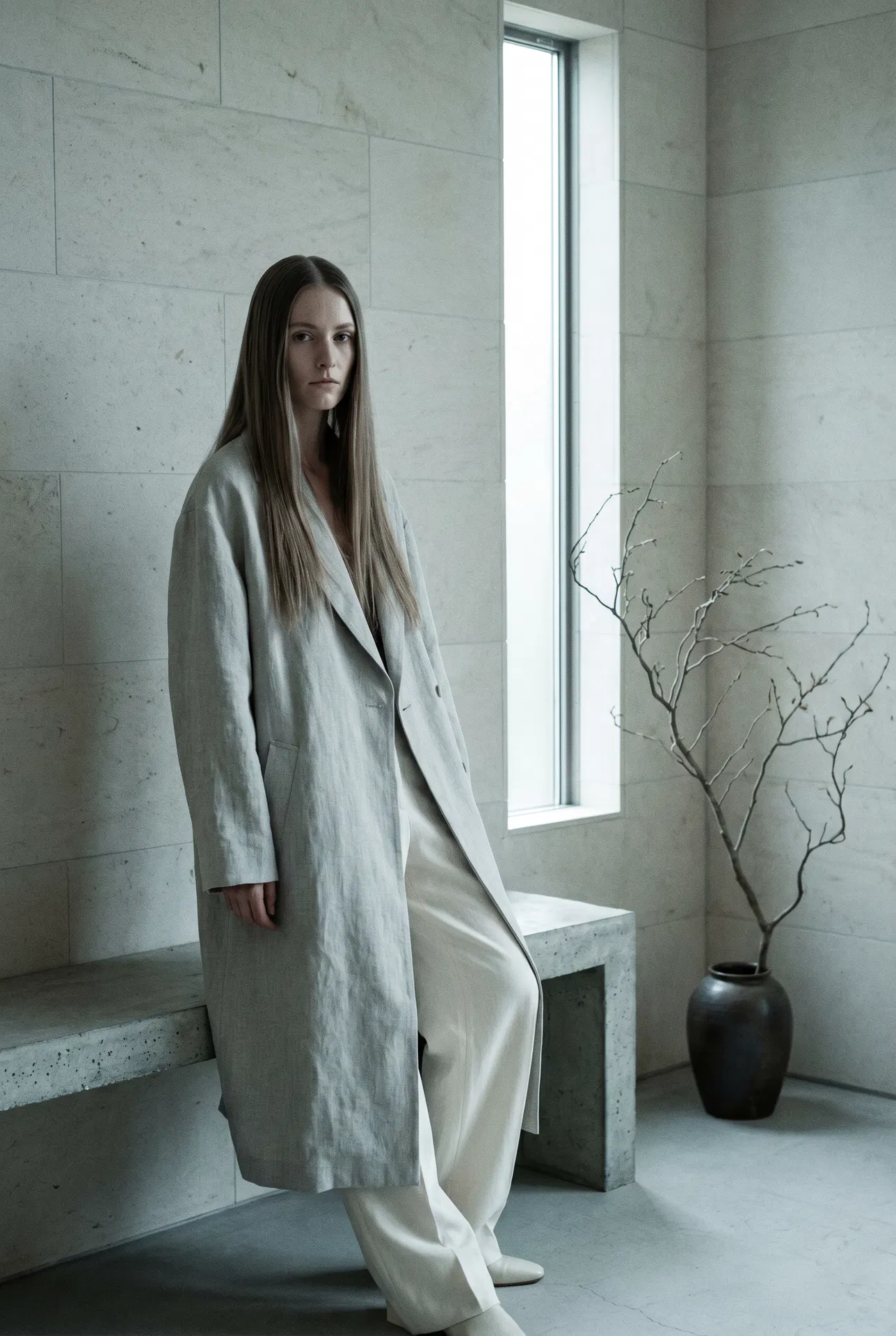 Lin — Zora Wisp Weft model, cool-neutral brown hair in minimalist limestone interior