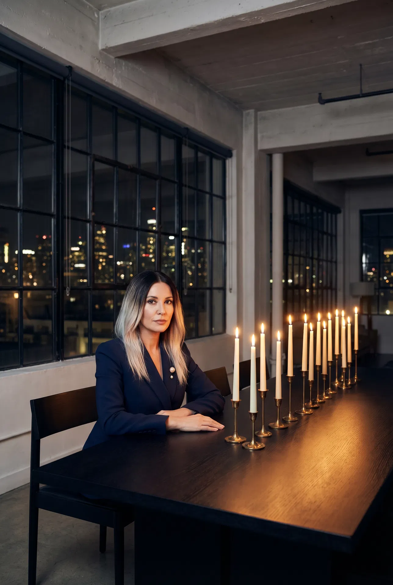 Ikat — Hair Topper model at candlelit loft dining table, city skyline at night, navy blazer