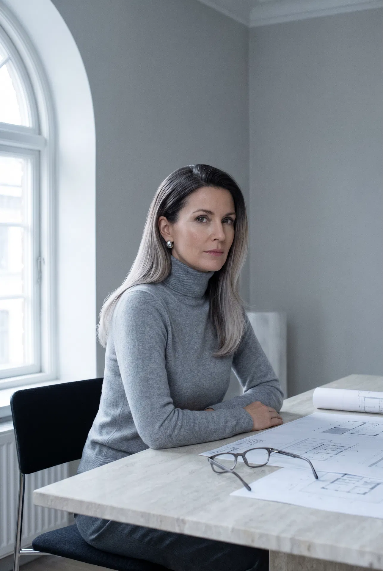 Chiné — Hair Topper model, cool ash to ashy blonde melt in Scandinavian architect's studio