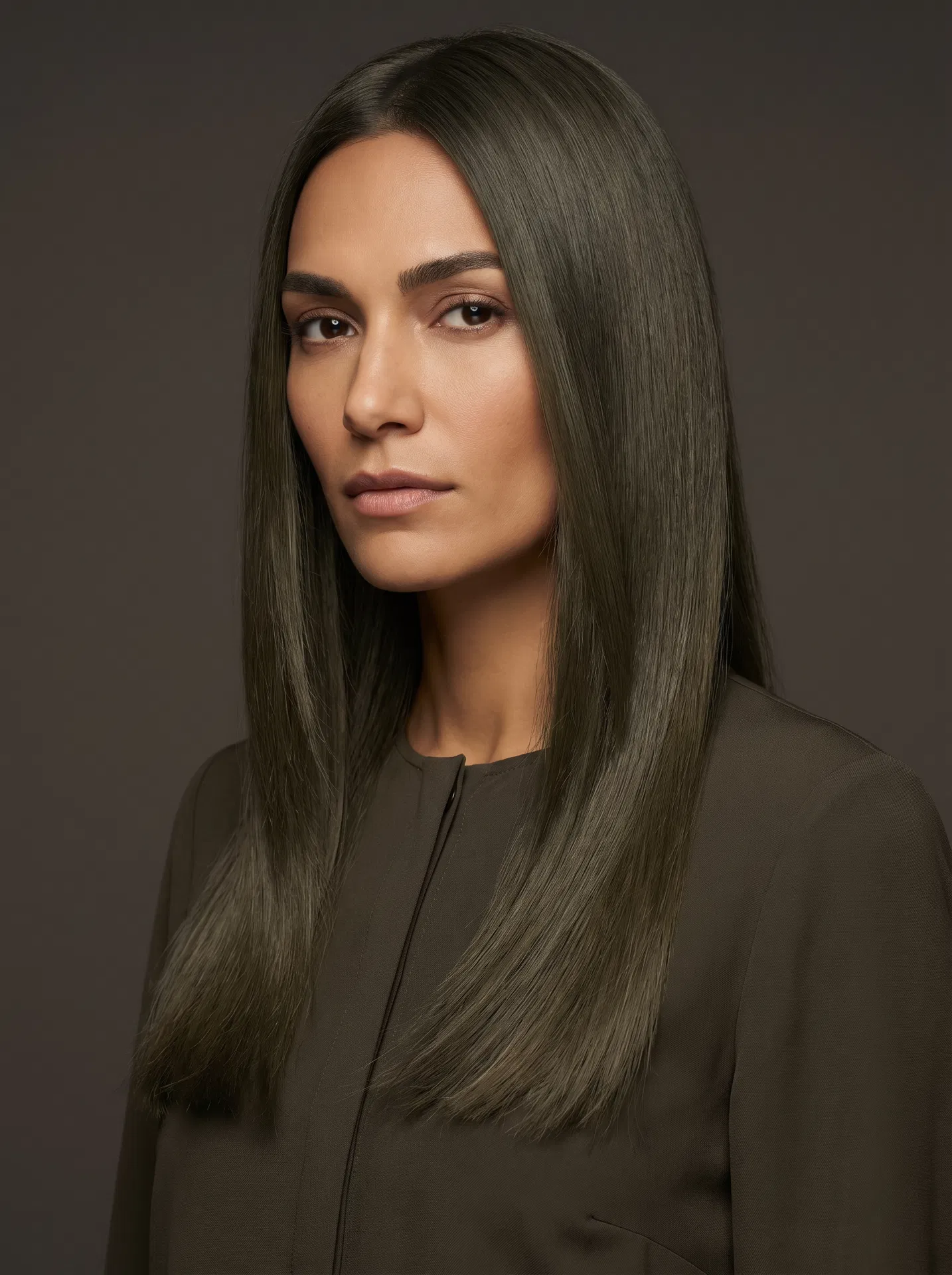 Ardoise — Zora Wisp Weft model, cool dark brown hair extensions with olive-grey undertone