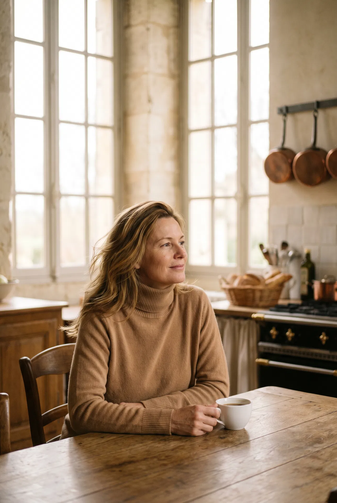 Suède — Hair Topper model, warm golden-brown hair topper in French countryside kitchen