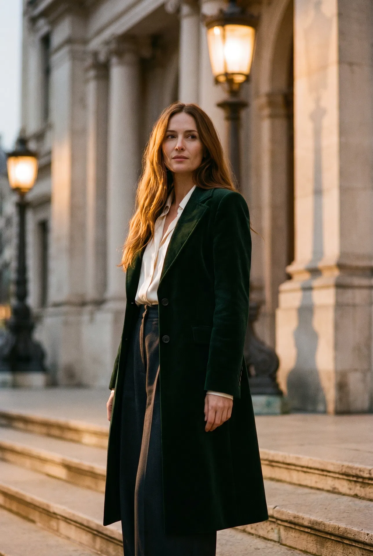 Châtaigne — Zora Wisp Weft model, warm-neutral chestnut brown hair extensions at European opera house