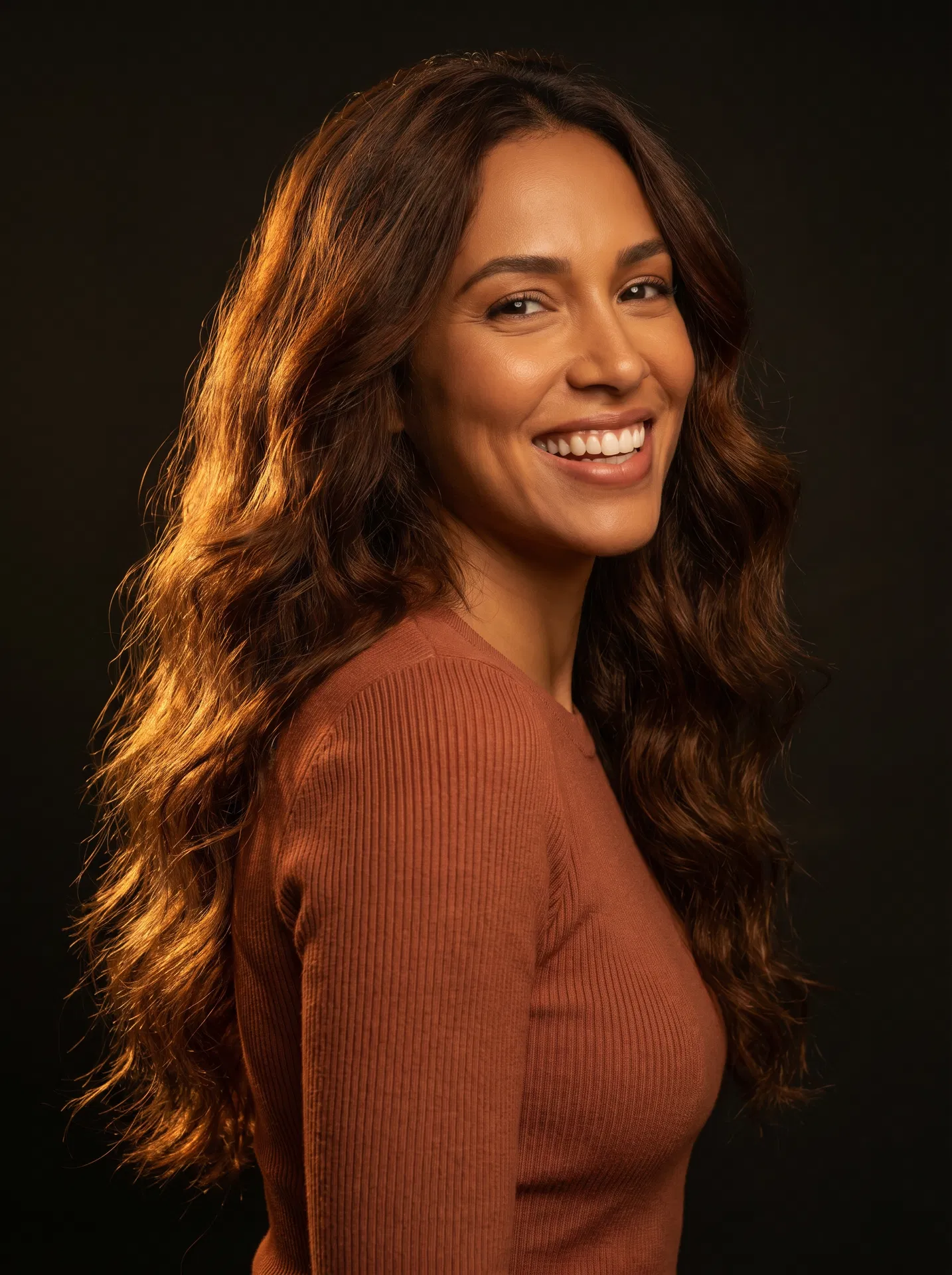 Velours — Zora Wisp Weft model, medium-rich warm brown hair extensions