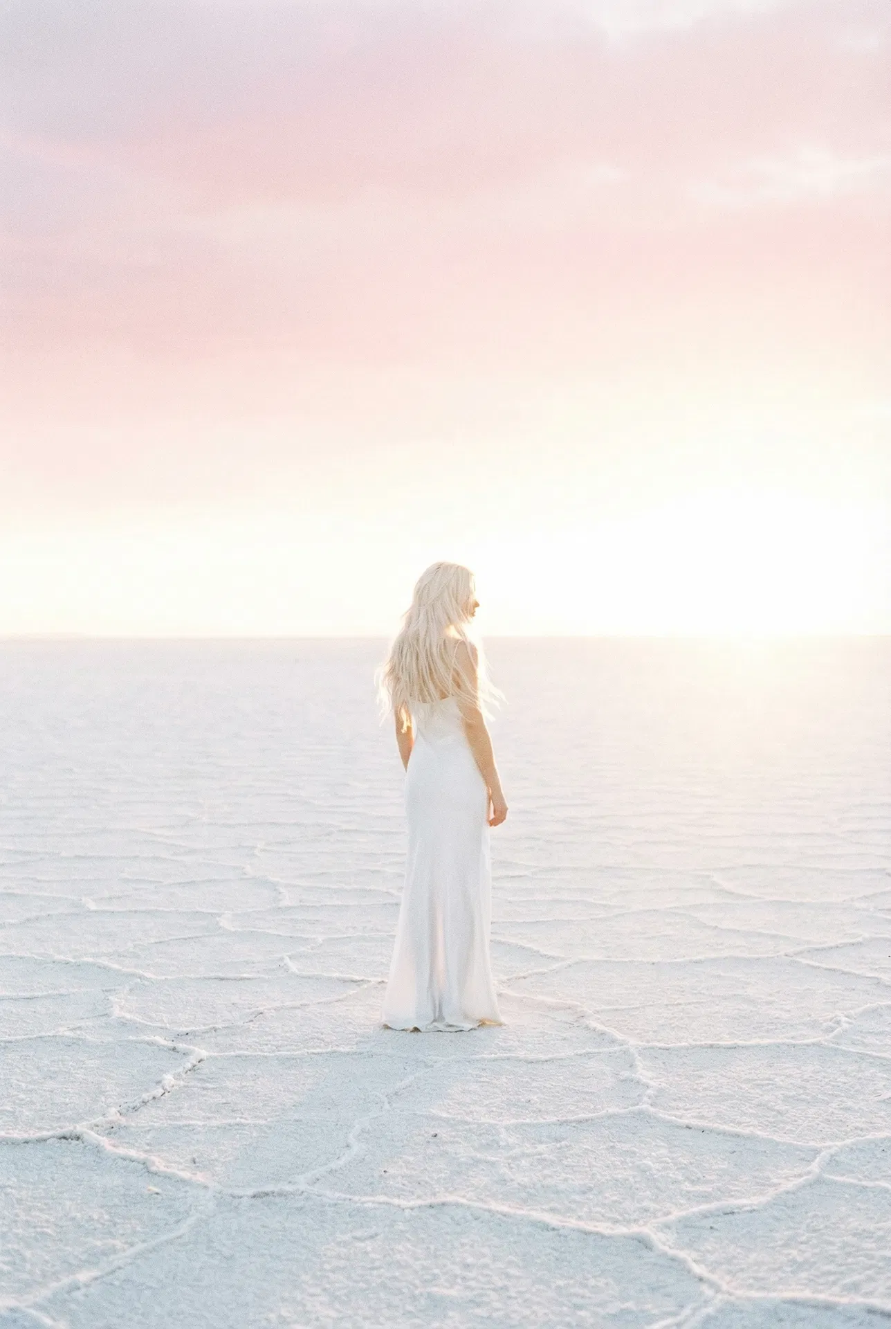 Zora #1001 — Pure white platinum keratin bonds model at dawn